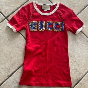 Gucci Red Sequin Logo Ringer Tee - Ribbed Jersey Knit Shirt XXS | EUC